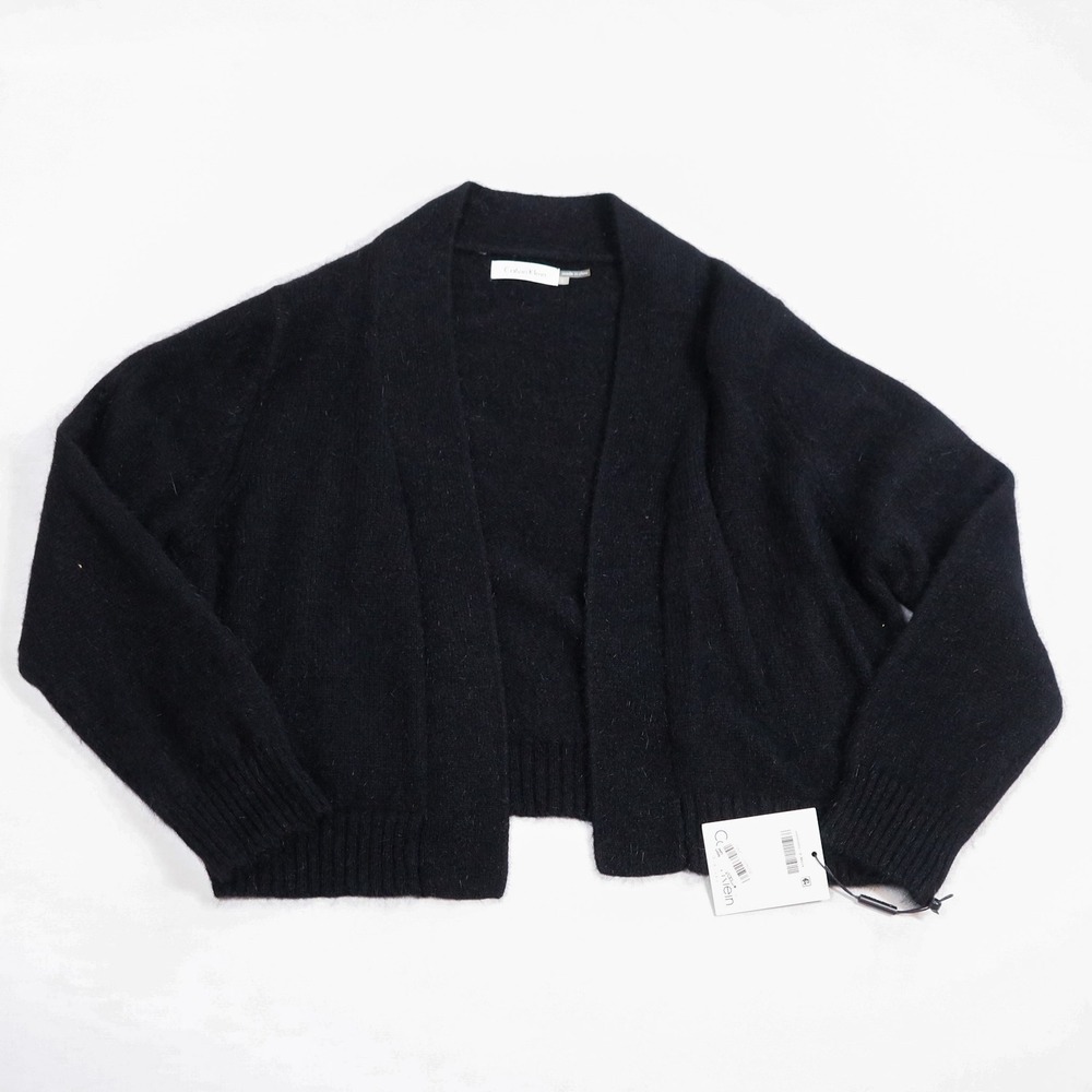 Calvin Klein Cardigan Women Large Black Angora Blend Cropped Open Front Shrug L